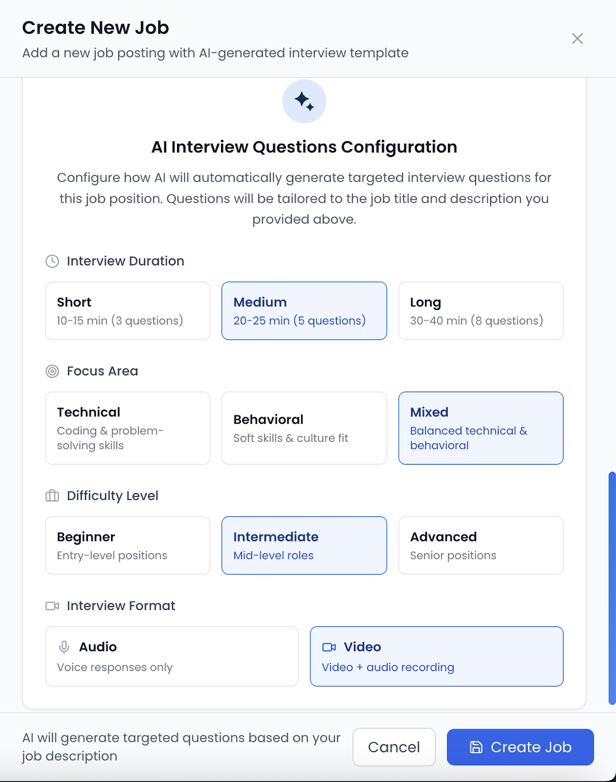 AI interview configuration panel showing duration, focus areas, difficulty level, and interview format options