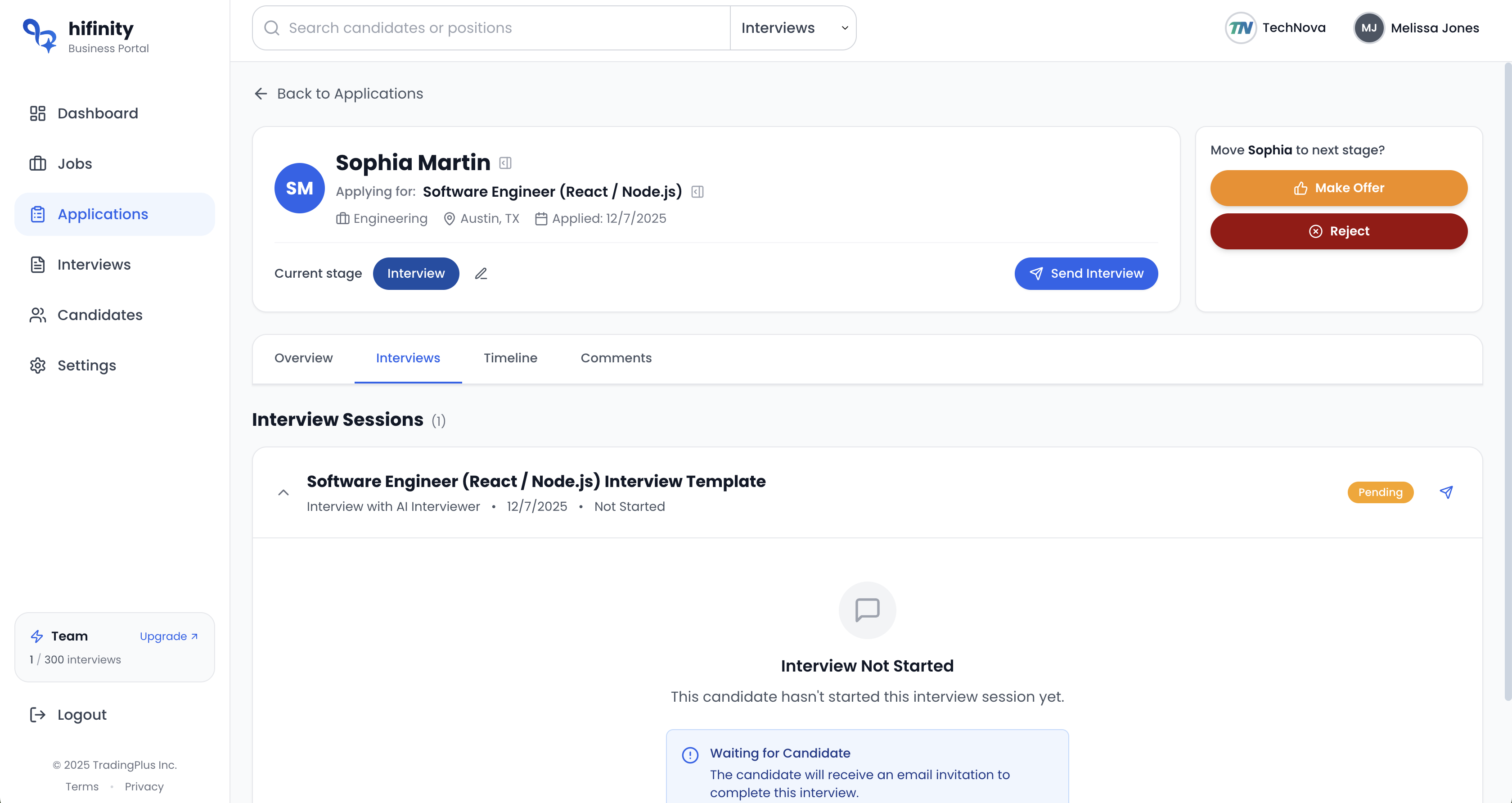 Application detail page showing status edit option