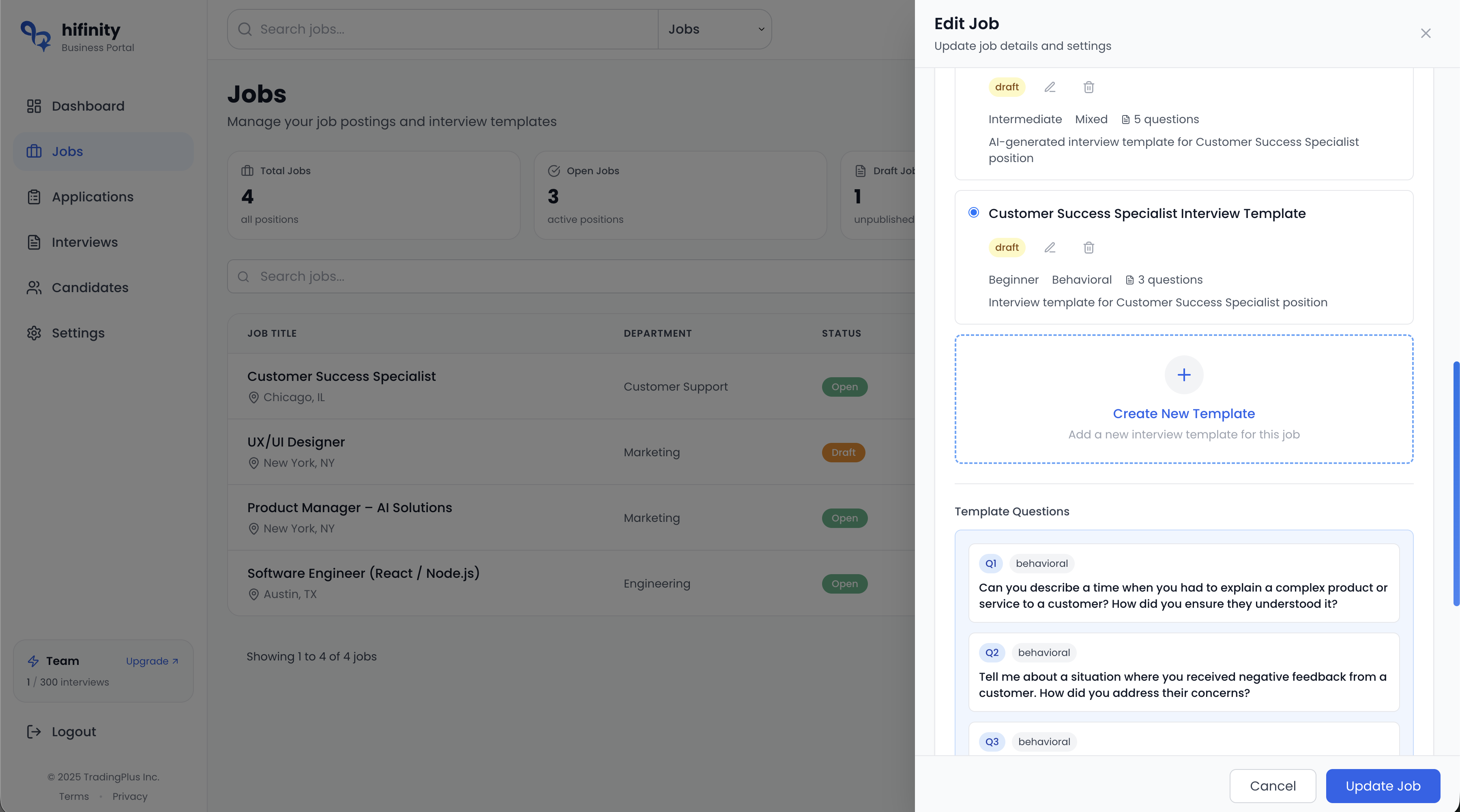 Create new template option in job settings